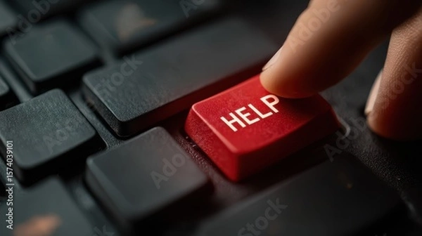 Fototapeta Customers concern service concept. A finger pressing a red "HELP" button on a computer keyboard.