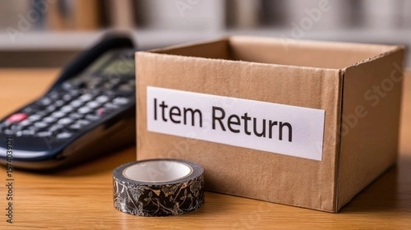 Fototapeta Customers concern service concept. Cardboard box labeled "Item Return" next to a calculator on a wooden surface.