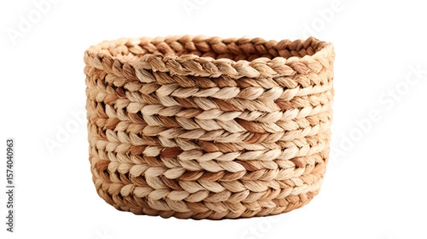Obraz A woven basket made of natural fibers sits on a black background in a studio setting indoors