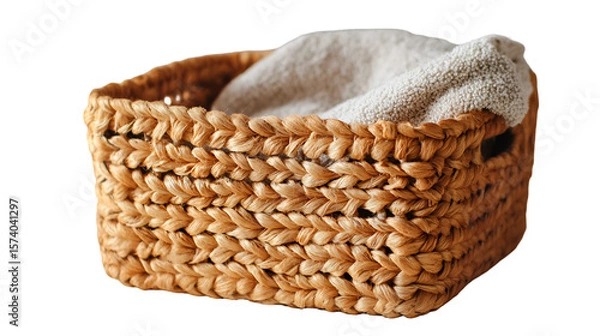 Obraz A woven basket with a white towel inside showing texture and craftsmanship in a studio setting