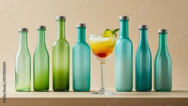 Obraz Sophisticated Summer Cocktail with Teal and Green Glass Bottles, Minimalist Style