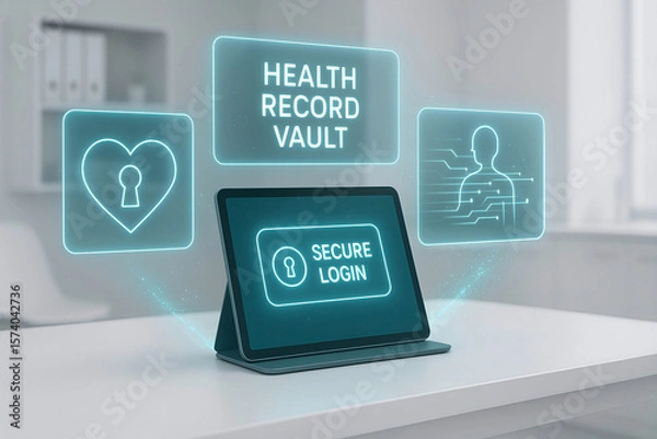 Fototapeta Secure access to digital healthcare records depicted with tablet and glowing icons illustrating protection and data encryption