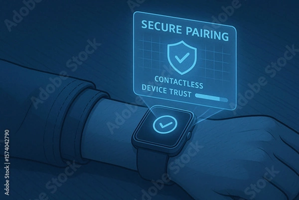 Obraz Secure contactless device pairing illustration depicting technology and digital security for smartwatches