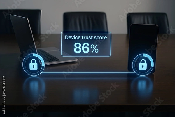 Obraz Secure device trust score depicted by laptop and smartphone cyber security concept with digital lock icons and score display