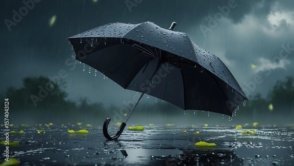 Obraz Black Umbrella in Heavy Rain, Dramatic Moody Atmosphere, Dark Clouds, Fallen Leaves