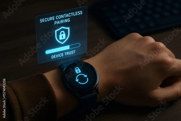 Obraz Smartwatch security illustrating secure contactless pairing and device trust technology displayed on a person's wrist and wristband