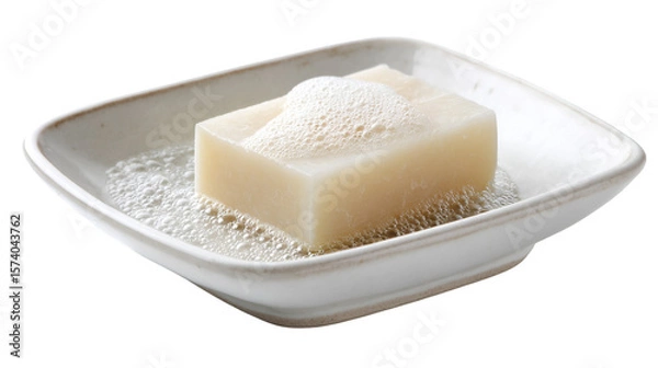 Obraz A bar of soap with bubbles sitting in a white soap dish on a black background in a studio shot view