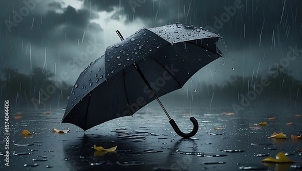Obraz Black Umbrella in Heavy Rain, Dramatic Moody Atmosphere, Dark Clouds, Fallen Leaves4EX 