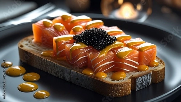 Obraz Gourmet Salmon Canape:  Luxury Smoked Salmon Cubes, Caviar, Mustard Drizzle, Toasted Bread.