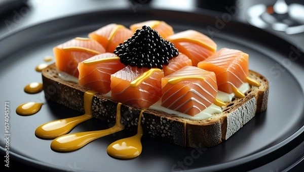 Obraz Gourmet Smoked Salmon Toast with Caviar and Mustard Drizzle: Elegant Appetizer, Luxury Food Photography
