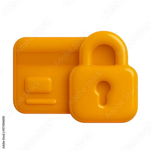 Fototapeta 3D render of a secure credit card with lock in orange glossy style, symbolizing online payment protection