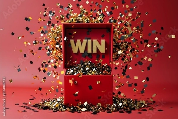 Fototapeta 3D Render of Open Box with WIN Message and Confetti Burst