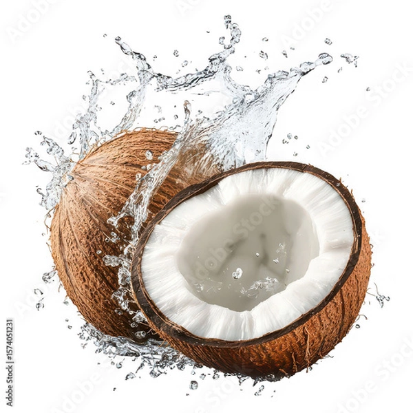Fototapeta Whole and halved coconuts with splashing water whole coconut