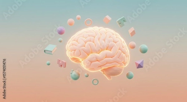 Fototapeta 3D brain with colorful geometric shapes on pastel gradient background  