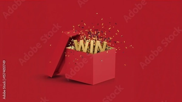 Fototapeta Red Gift Box with WIN Text and Confetti Explosion