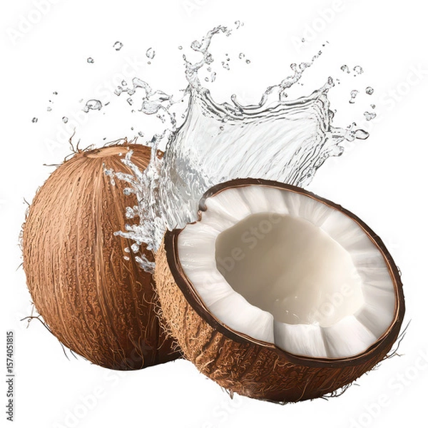 Fototapeta Whole and halved coconuts with splashing water whole coconut