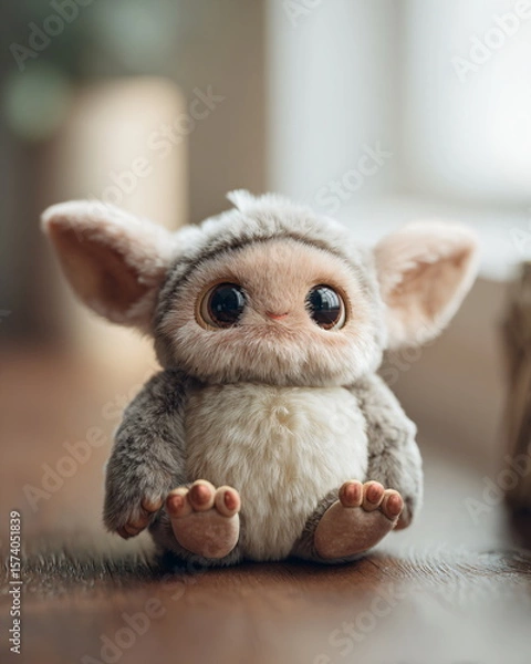 Fototapeta A high-resolution stock photo of a plush toy called Labuba, designed as a cute fantasy creature with soft pastel fur, big round embroidered eyes, small ears, and tiny plush paws