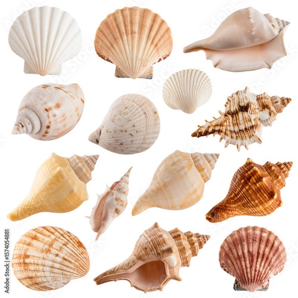 Fototapeta Assorted Realistic Seashells in Neutral Tones, Isolated on Transparent Background