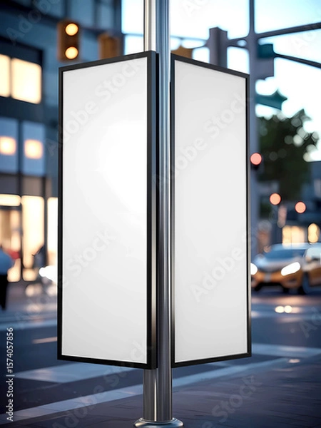 Fototapeta Split-Screen Blank Billboard at Urban Intersection – Dual Vertical Panels on Metallic Pole with Blurred City Background and Soft Evening Light in Photorealistic Portrait Frame