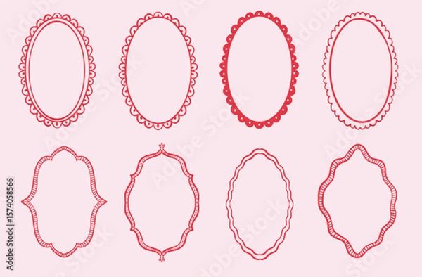 Fototapeta Whimsical coquette frame for greeting cards, wedding, birthday, party, picnic invitations in cute quirky style. Hand drawn scribble wavy scalloped edge border illustration set.