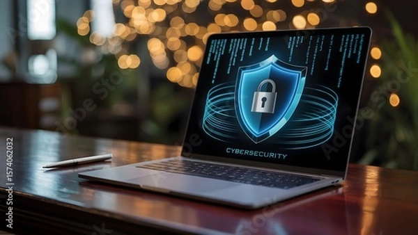 Fototapeta Cyber protection laptop with glowing shield and padlock cybersecurity digital