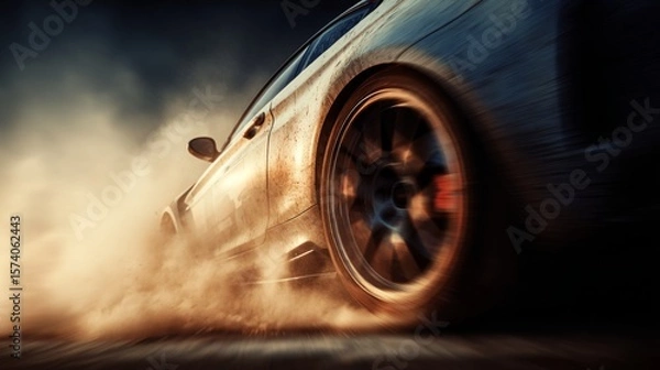 Fototapeta A dramatic close-up of a race car speeding past, with motion blur and dust flying.