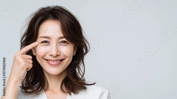 Obraz 目尻のしわを指さす女性