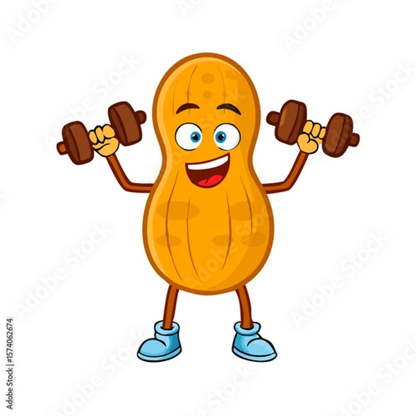Fototapeta Cartoon smiling peanut character training with dumbles 