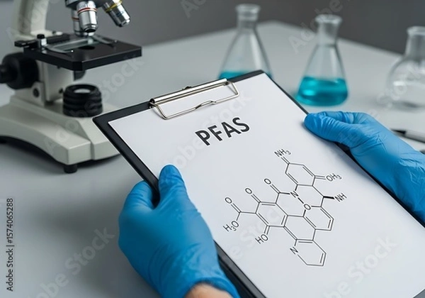 Fototapeta Researchers analyze PFAS chemicals in laboratory with scientific equipment and molecular structures