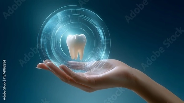 Fototapeta Advanced Dental Technology Holographic Tooth in Hand Innovative Healthcare Concept
