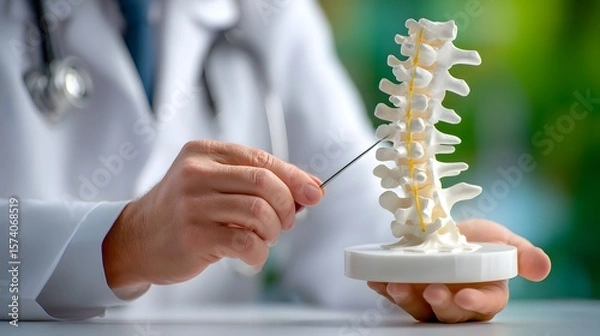 Fototapeta Doctor explaining spine anatomy using anatomical model healthcare concept