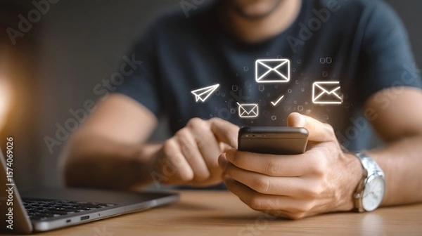 Fototapeta Man using smartphone checking emails digital communication online messaging inbox notification