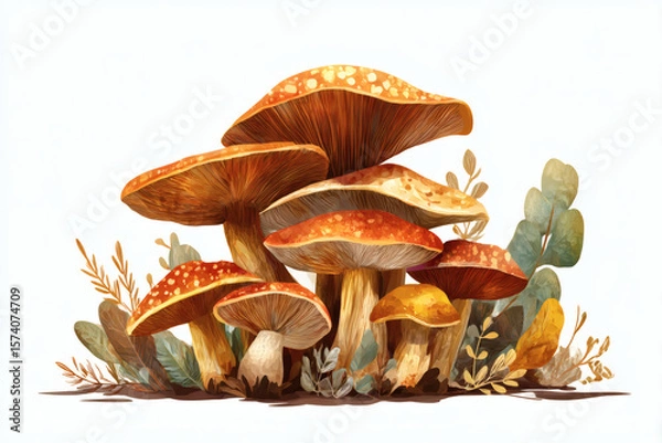 Fototapeta Autumn Mushrooms with Digital Illustration, and Botanical Art.