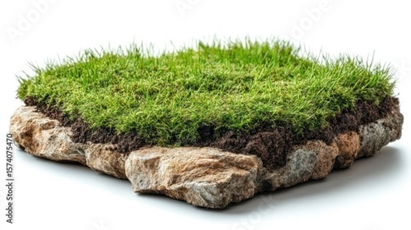 Fototapeta Close up shot of a small rock with grass on top against white background