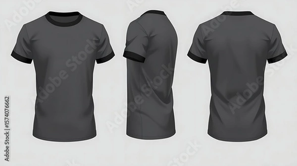 Fototapeta Short sleeve white t-shirt with black accents mockup shown in front, side, and back views, high-quality 3D rendering for fashion branding, t-shirt design, or clothing presentation