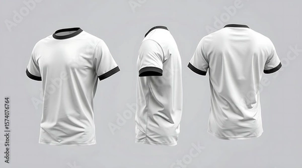 Fototapeta Short sleeve white t-shirt with black accents mockup shown in front, side, and back views, high-quality 3D rendering for fashion branding, t-shirt design, or clothing presentation