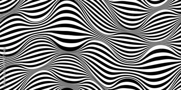 Obraz Wavy psychedelic zebra seamless bg with black and white stripes. Creates groovy an optical illusion effect. Psychedelic vector design.
