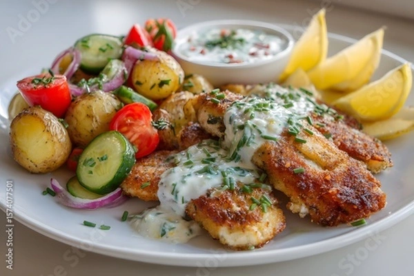 Fototapeta Delicious pan-fried tilapia fillets with herb dressing, roasted potatoes and crisp salad, plated in natural light for a clean summer look.