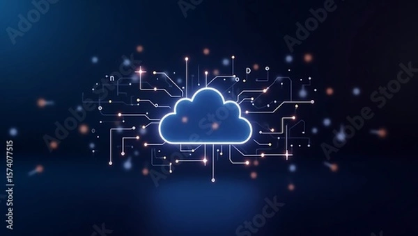 Obraz A glowing blue cloud surrounded by digital lines and dots on a dark blue background design