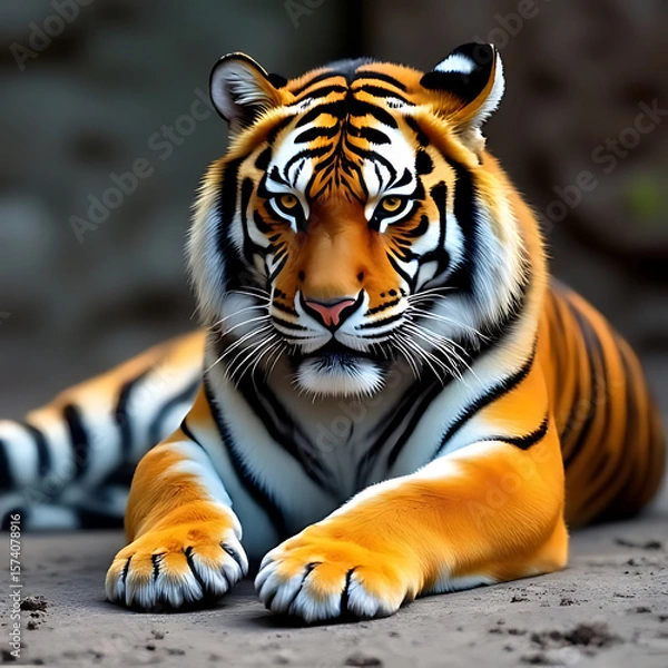 Fototapeta Close-up of a regal tiger resting calmly on a rocky surface with vibrant background gradient, balanced light and shadows 