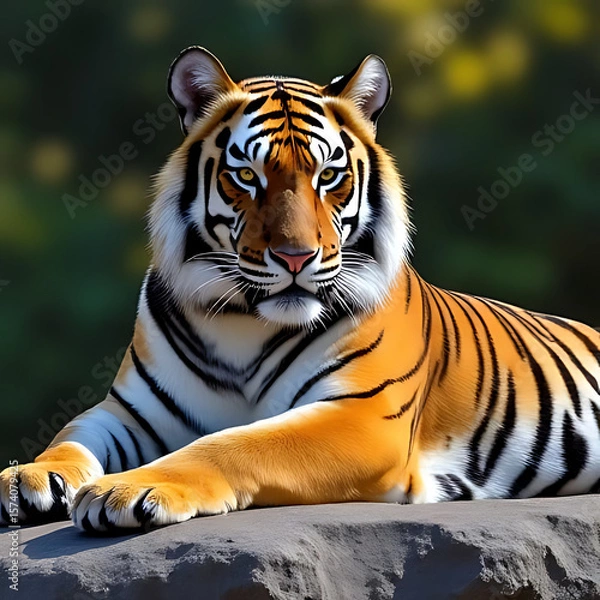 Fototapeta Close-up of a regal tiger resting calmly on a rocky surface with vibrant background gradient, balanced light and shadows 