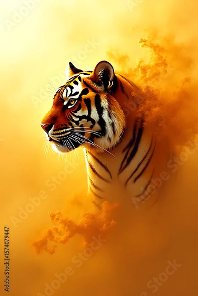 Fototapeta Artistic interpretation of a tiger emerging from swirling gold and orange mist, abstract yet clear