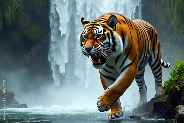 Fototapeta Powerful tiger in mid-roar beside a shimmering waterfall with dynamic elements and spacious surroundings 