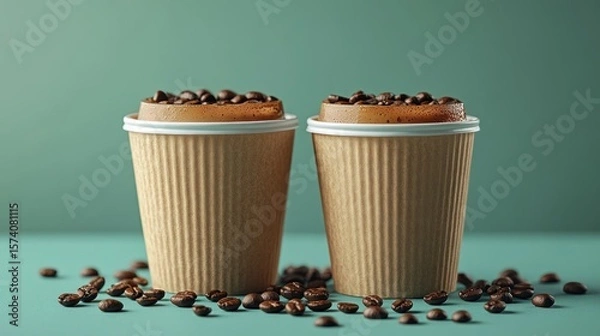 Fototapeta Two paper coffee cups brimming with aromatic beans against teal backdrop