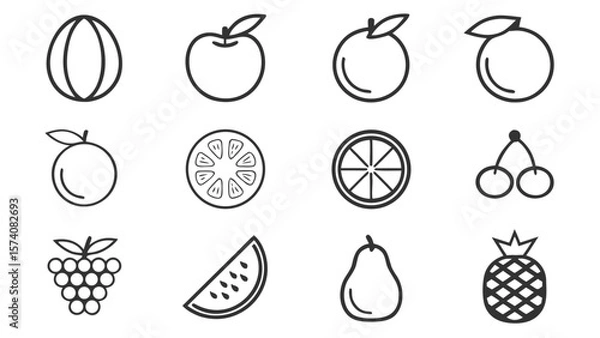 Fototapeta Collection of twelve simple outline fruit icons on a white background
