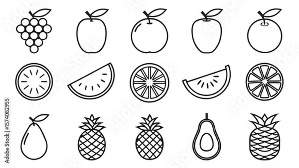 Fototapeta Collection of simple black and white line art icons representing various fruits