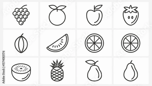 Fototapeta Collection of twelve simple line art icons representing various fruits on a light background
