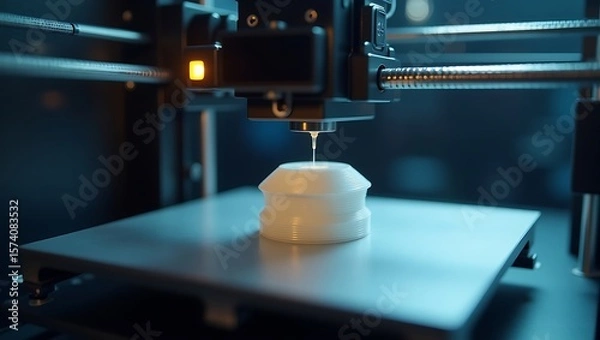 Obraz A close up view of a three d printer creating a white object on a metal printing surface plate