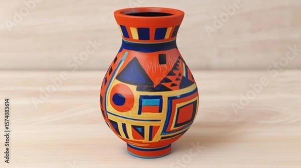 Fototapeta Handmade Artistic Vase with Geometric Patterns on Wooden Surface