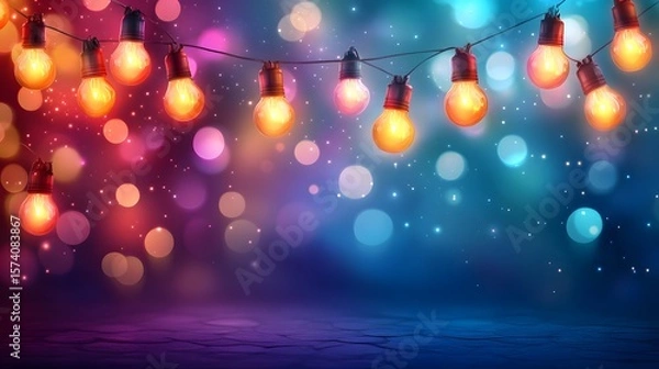Fototapeta warm string lights against a vivid bokeh backdrop, perfect for vibrant celebrations and creating a cheerful, festive atmosphere